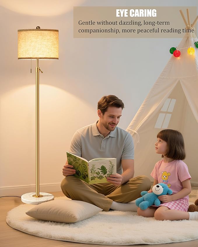 Modern Floor Lamp for Living Room - Adjustable Height Standing Lamp with Marble Base & Linen Shade, 3-Way Dimmable Tall Floor Light for Bedroom, Reading, Bulb Included