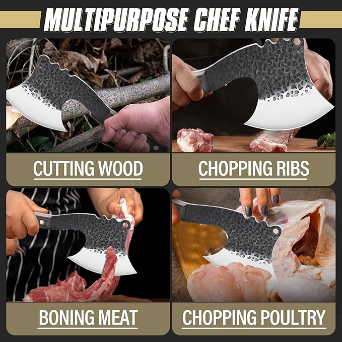 Dream Reach Meat Cleaver Heavy Duty Bone Chopper High Carbon Bone Cutting Knife Hand Forged Butcher Knife with Cover for Kitchen Outdoor BBQ