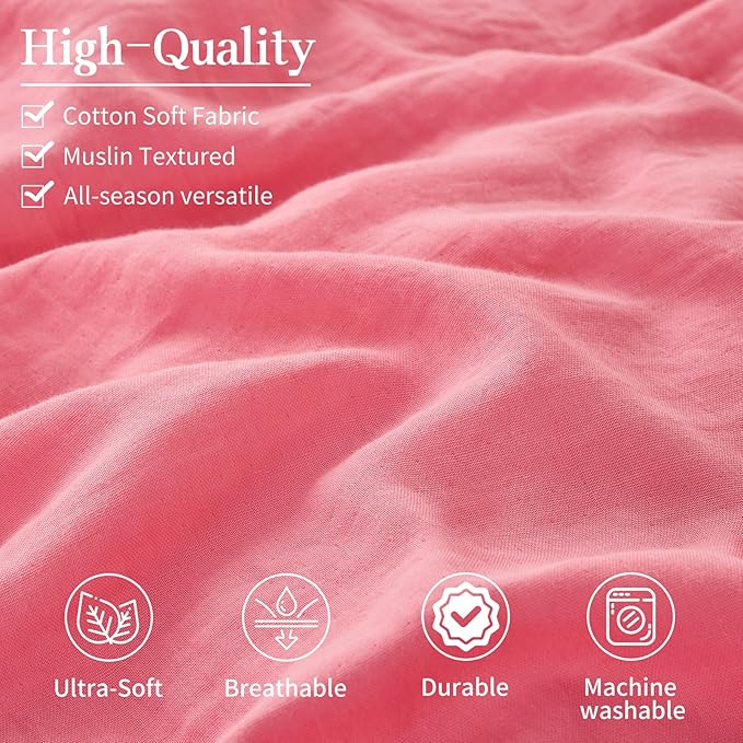 MEISHANG Muslin Duvet Cover Queen Size - 100% Organic Cotton, Soft Textured Gauze Weave Comforter Cover for Breathable All-Season with Zipper Closure - 3 Piece Set (Queen, Pink)