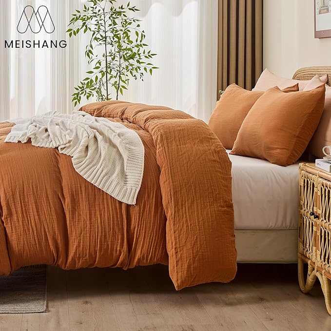 MEISHANG Muslin Duvet Cover Queen Size - 100% Organic Cotton, Soft Textured Gauze Weave Comforter Cover for Breathable All-Season with Zipper Closure - 3 Piece Set (Queen, Brown)