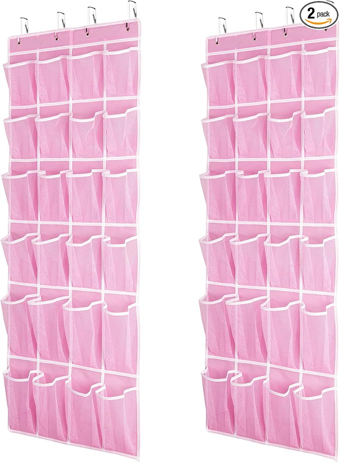 Hanging Shoe Organizer 2Pack, Over The Door Shoe Rack with 24 Mesh Pockets - Pink (2pack), Size: 58x21 Inch