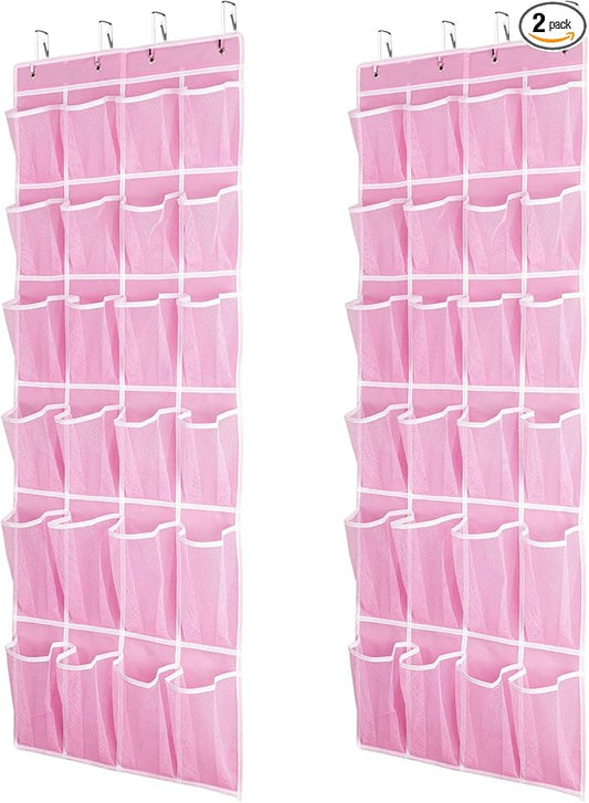 Hanging Shoe Organizer 2Pack, Over The Door Shoe Rack with 24 Mesh Pockets - Pink (2pack), Size: 58x21 Inch