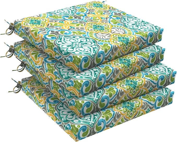 Set of 4 Outdoor Square Chair Cushions 18.5"x16"x2" for Patio, Water Resistant Patio Dining Seat Pads Replacement for Kitchen Garden and Outdoor Furniture Decoration - Damask Green