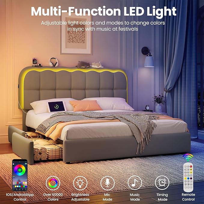 Queen Size Bed Frame with 4 Storage Drawers and LED, Adjustable Clouds Headborad, Velvet Upholstered Platform Queen Bed Frame with Charing Station, Wood Slats Support, No Box Spring Needed,Grey
