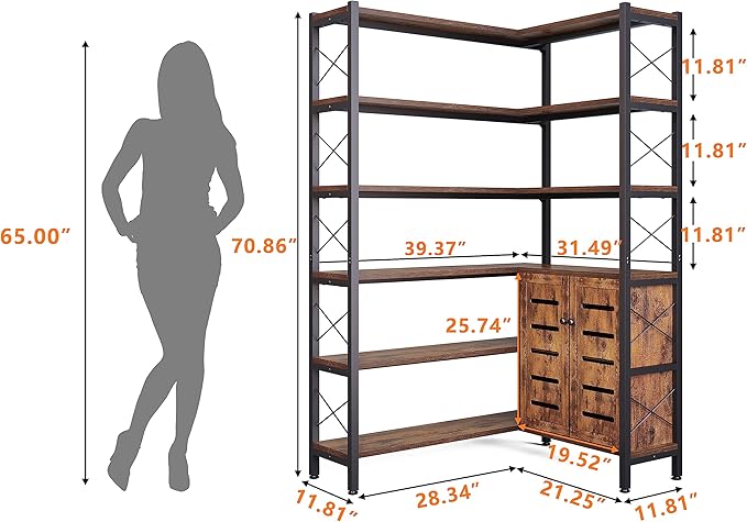 Corner Bookshelves and Bookcases Industrial Corner Etagere Bookcase L Shaped Shelf 6 Tiers with Metal Frame for Living Room Home Office