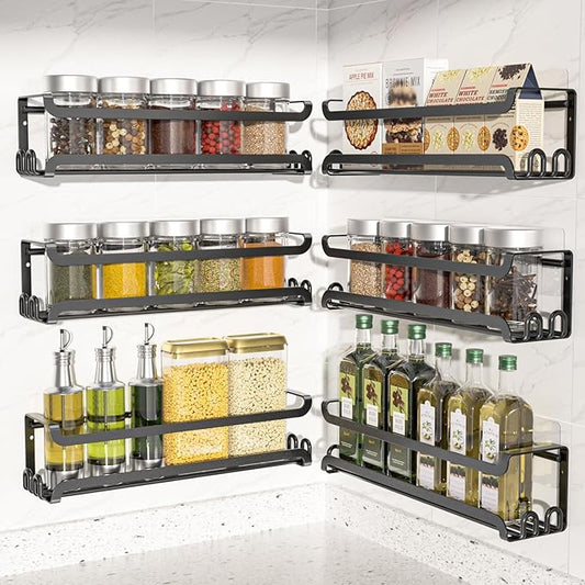 LUCYCAZ 6 Pack Wall Mounted Spice Rack with 22 Hooks, Spice Organizer Shelf for Stove Cabinet Pantry Door,Screw or Adhesive Spice Shelf Hanging Wall Spice Rack in Kitchen and RV (Black, 6 PACK)
