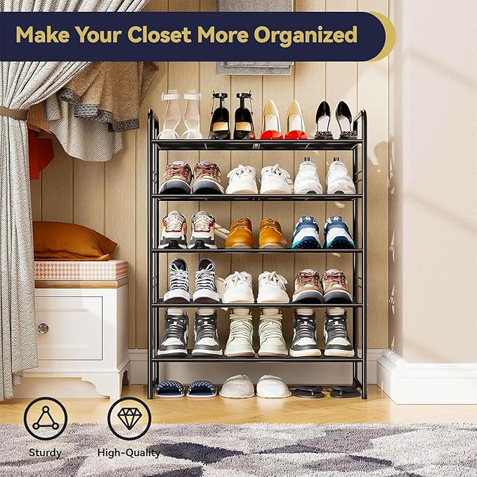 5-Tier 27” Wide Shoe Rack for Closet, Metal Stackable Shoe Shelf Organizer, Holds 18 Pairs Large Capacity, Black