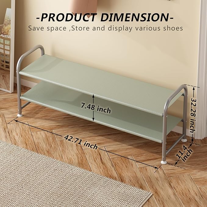 Shoe Rack 2 Tier Long Storage Organizer Wide Metal Shoe Shelf for Closet Entryway Grey