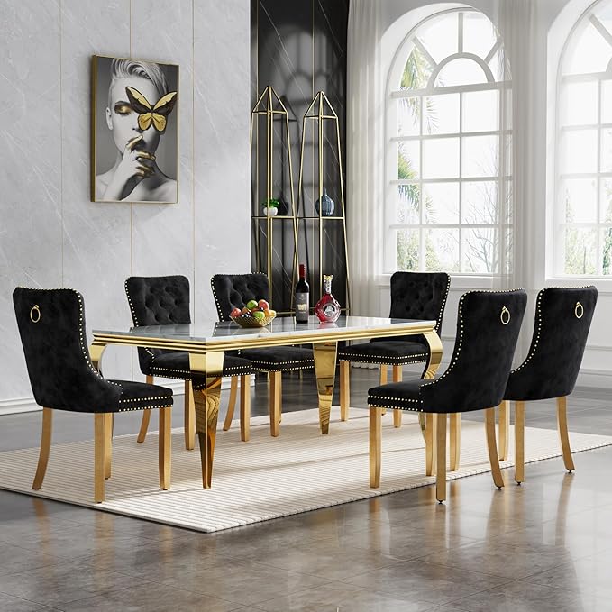 70" Marble Dining Table Set for 6, Modern 7 Piece Dining Room Table Set with White Faux Marble Dining Table & 6 Black Velvet Upholstered Chairs, Luxury Gold Kitchen Table Chairs Set of 6