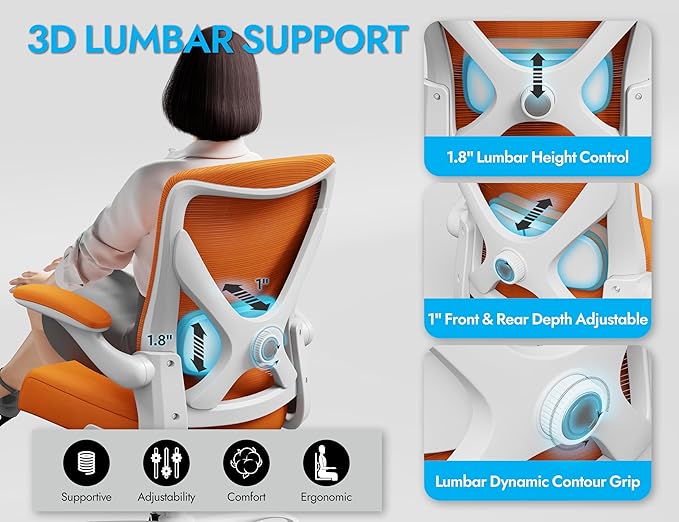 Ergonomic Office Chair - X-Shaped Computer Desk Chair Comfy, Gaming Chair, Office Chair with Lumbar Support, Mesh Office Chairs, Desk Chair for Long Hours(White-Orange)