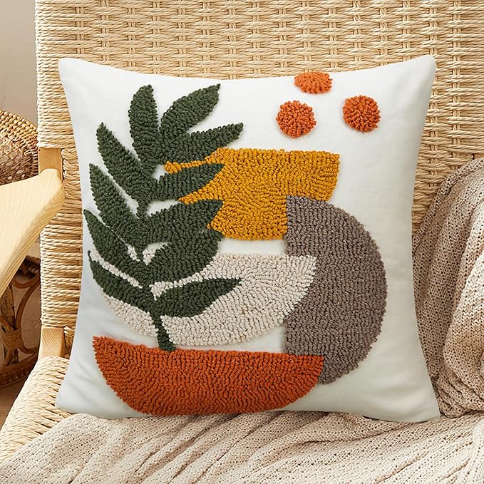 Merrycolor Boho Decorative Throw Pillow Covers Abstract Tufted Mid Century Modern Throw Pillows Green Leaf Sun Aesthetic Textured Pillow Cover Decorative Throw Pillows for Bed Couch Sofa,18x18