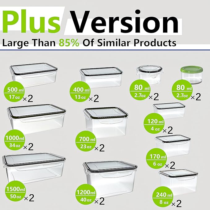 44 PCS Food Storage Containers with Lids Airtight, BPA Free Plastic Meal Prep Containers Reusable, Microwave/Freezer/Dishwasher Safe Leakproof Fruit Vegetables Containers for Kitchen(Black)
