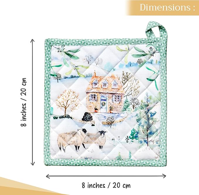 Maison d' Hermine Pot Holders 100% Cotton Heat Resistant Potholders 8" x 8" Hot Pads with Loop for Thanksgiving Christmas Decorations BBQ Cooking Baking Handling Hot Pans (Pack of 1, Snowy World)