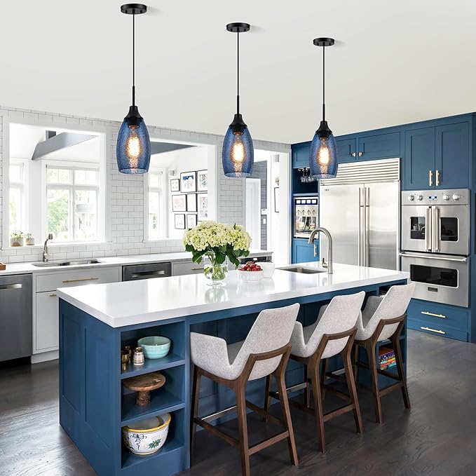 Mini Glass Pendant Light 1-Pack Handblown Clear Dark Blue Seeded Glass Shade Adjustable Cord Ceiling Light Fixture for Kitchen Island Sink 4.72"