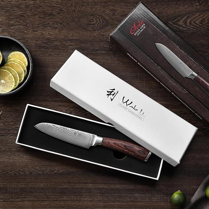 Wakoli Damascus Small Santoku Knife 5-inch - 67-Layer VG10 Core Steel, Razor Sharp Blade with Pakkawood Handle, Multi-Purpose Kitchen Knife for Meat, Vegetables & All Tasks (EDIB)