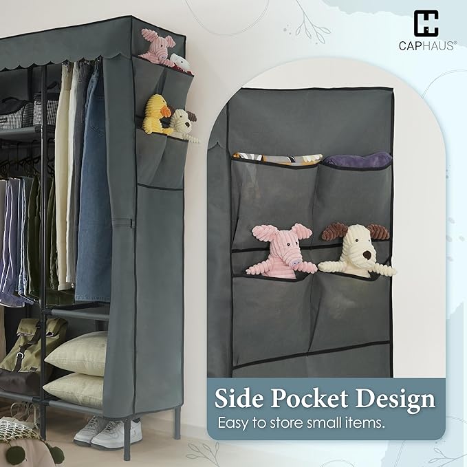 CAPHAUS 44-Inch Clothing Rack with Cover, Portable Closet Wardrobe, Covered Garment Rack for Hanging Clothes, 230LB Capacity Heavy-Duty Metal Frame Clothes Organizer Rack with Storage Shelves