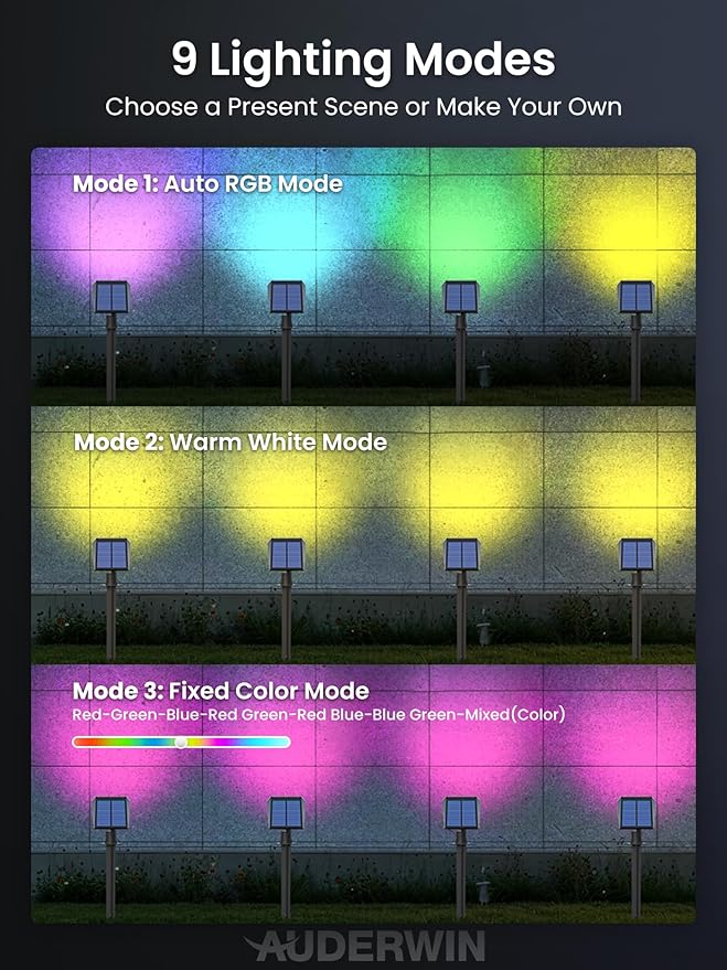 Color Changing Solar Spot Lights Outdoor, 9 Modes Colored RGB Solar Lights, IP67 Waterproof Landscape Spotlights for Holidays
