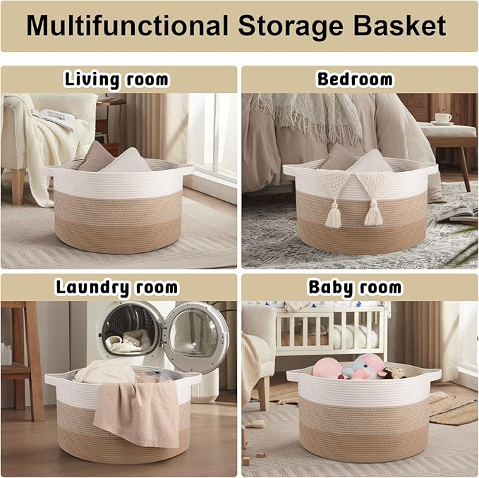 OIAHOMY Extra Large Storage Basket, 23" x 13" Woven Blanket Storage for Living Room, Round Laundry Basket for Pillow-Gardient Light Brown