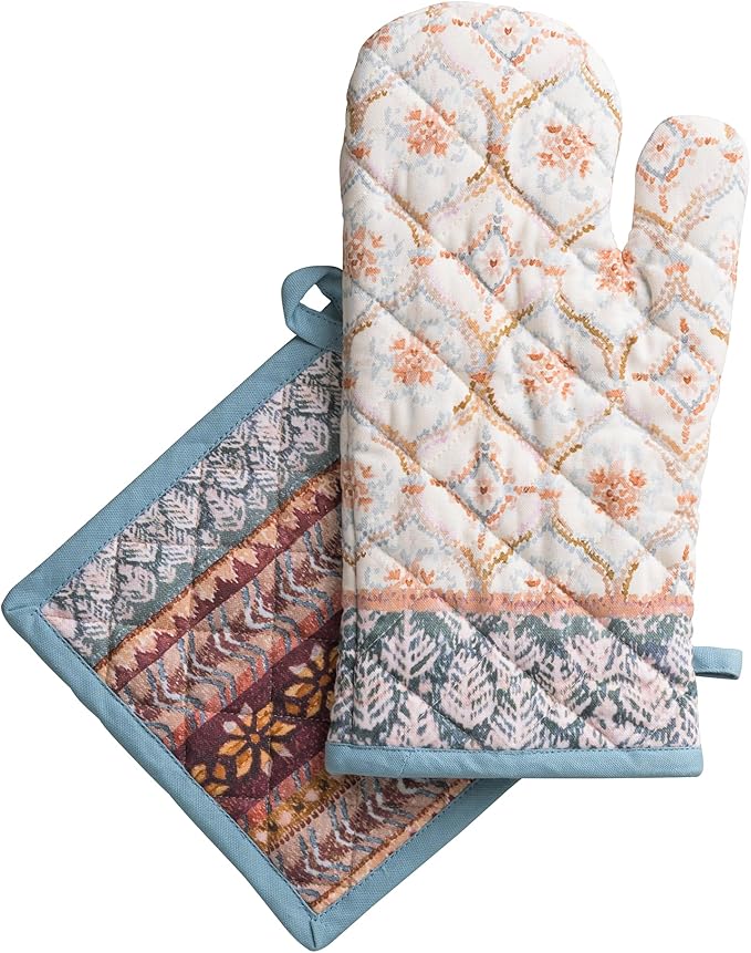 Maison d' Hermine 100% Cotton Oven Mitt & Pot Holder Set (7.5"x13" & 8"x8") Heat Resistant BBQ Cooking Gloves with Loop for Thanksgiving Christmas Decorations Handling Hot Pans (Fair Isle)