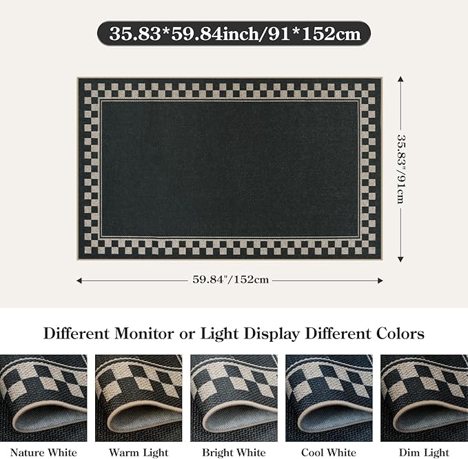 OJIA Easy Jute Outdoor Rug 3x5 Washable Rugs for Entryway, Checkered Border Black Front Door Rug Non-Slip Door Mats Indoor Outdoor Rugs Farmhouse 3x5 Area Rug for Porch Outside Patio Living Room