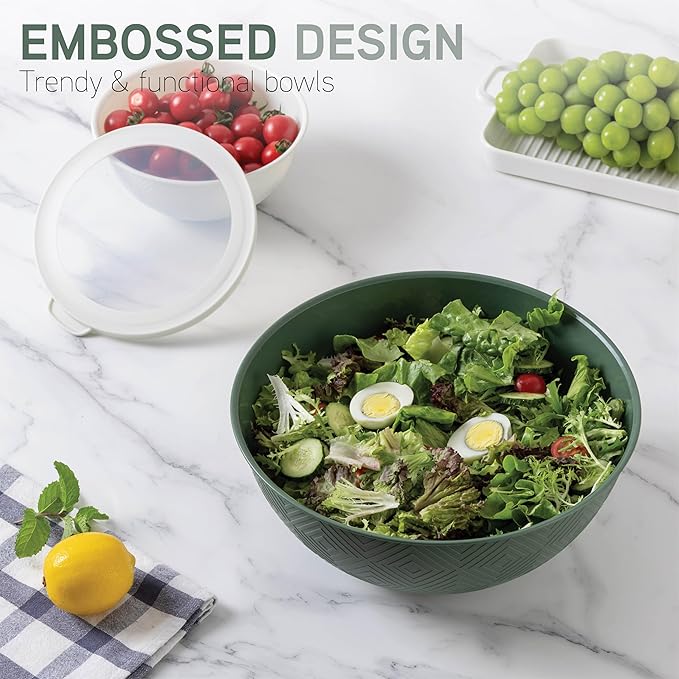 COOK WITH COLOR Mixing Bowls with Lids - 12 Piece Plastic Nesting Bowls Set includes 6 Prep Bowls and 6 Lids, Rhombus Design - Microwave Safe (Sage)