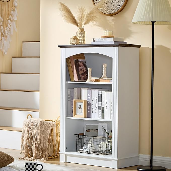 White Bookshelf, 3 Tier Bookcase and Kids Bookshelf, Small Storage Cabinet with Wooden Cube Storage Organizer, Modern Book Shelf for Bedroom Furniture, Living Room, Office, Toy Organizer Cabinet