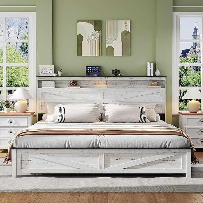Farmhouse King Size Bed Frame with Headboard Storage Shelf, Wood Platform Bed Frame with LED Lights & Charging Station, Rustic White Metal Bed, No Box Spring Needed, Noise-Free Sturdy Structure