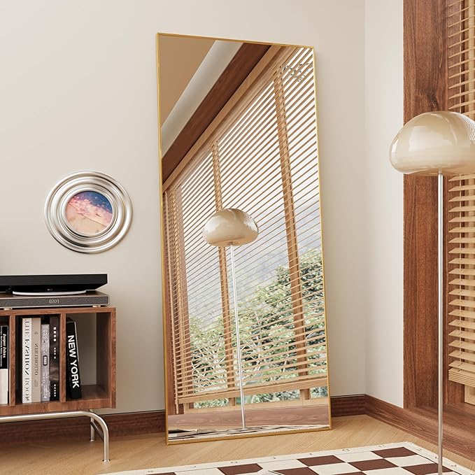 FANYUSHOW Full Length Mirror, Standing Hanging or Leaning Body Mirror, Simple Rectangle Design, Aluminum Alloy Thin Frame, Floor Mirror for Bedrooms, Bathrooms, Living Room 63"x18" (Gold)