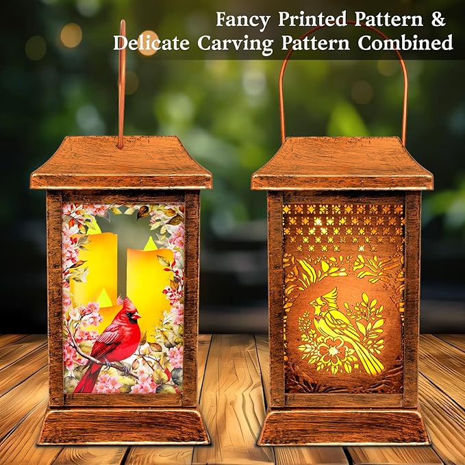 Cardinal Solar Lanterns Outdoor Waterproof, Metal & Glass Hanging Lights Garden Decor, Birthday Gifts for Women Mom Grandma Mothers Day, Decorative Lights for Outside Yard Patio Backyard Porch
