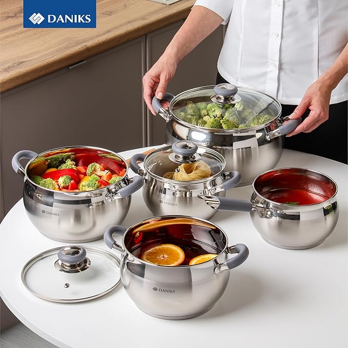 Daniks Modern Stainless Steel Stock Pot with Glass Lid - Induction 2 Quart, Dishwasher Safe, Heatproof Handles, For Soup, Pasta, Stew, Silver