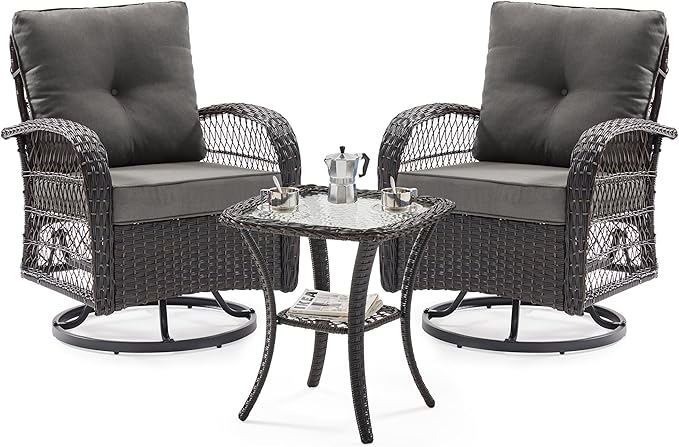 UDPATIO 3 Pieces Patio Furniture Set, Outdoor Swivel Rocker Patio Chairs Set of 2, All-Weather PE Wicker Glider Chairs with Thick Cushions and Glass Coffee Table，for Porch Deck Backyard Grey
