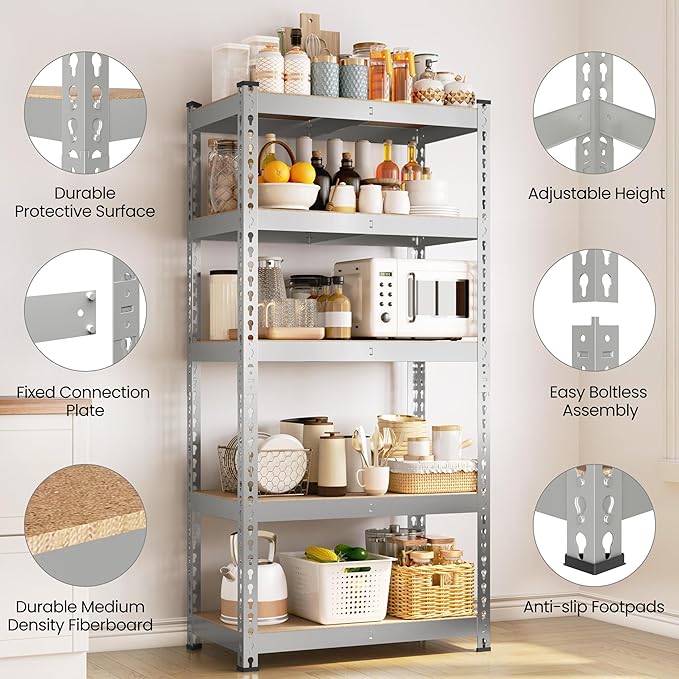 Yaheetech Storage Shelves 5 Tier Garage Shelving Heavy Duty Garage Shelves Adjustable Metal Shelving Unit Utility Rack Industrial Shelving for Warehouse Pantry Closet, 27.5"W x 12"D x 60"H, Light Gray