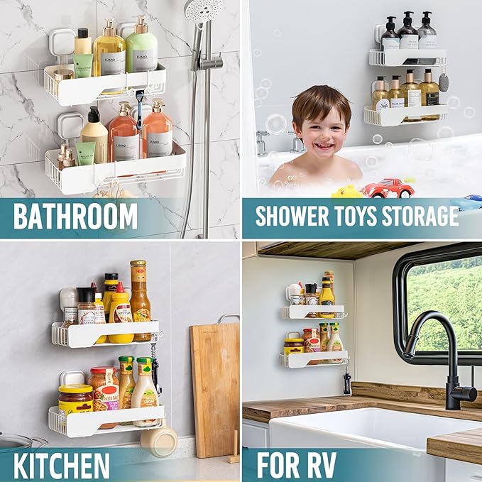 TAILI Shower Caddy Suction Cup 2 Pack,Stainless Steel Rustproof Shower Shelves,No Drilling Wall Mounted Basket,Large Capacity,Removable Suction Cup Bathroom Organizers & Home Decor, White