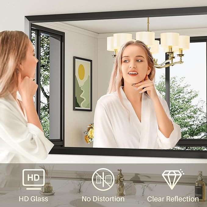 22x30 Inch Black Bathroom Mirror for Wall, Thick Metal Framed Rectangle Mirrors for Over Sink, Bedroom, Living Room, Entryway, Anti-Rust, HD Tempered Glass