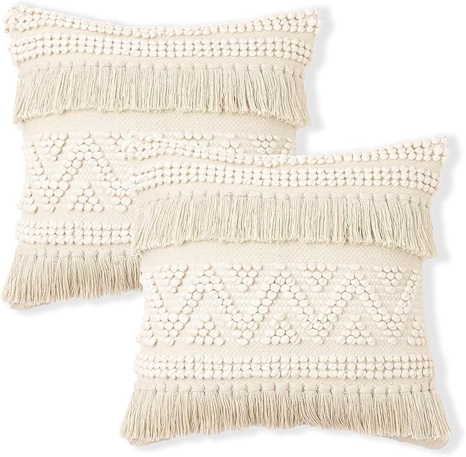 REDEARTH · Boho Textured Throw Pillow Cushion Covers - Woven Tufted Decorative Farmhouse Cases Set for Couch - Bed - Chair - Dining - Patio - Outdoor - 100% Cotton (18"x18" - Natural) Pack of 2