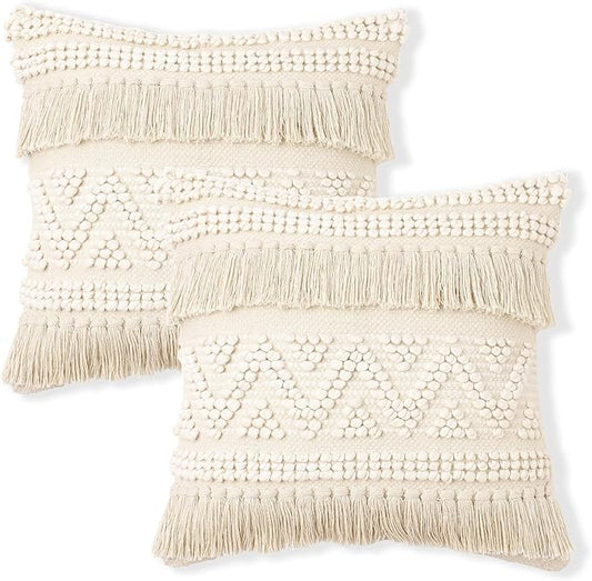 REDEARTH · Boho Textured Throw Pillow Cushion Covers - Woven Tufted Decorative Farmhouse Cases Set for Couch - Bed - Chair - Dining - Patio - Outdoor - 100% Cotton (18"x18" - Natural) Pack of 2