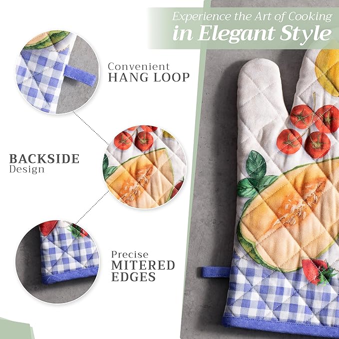 Maison d' Hermine 100% Cotton Oven Mitt & Pot Holder Set (7.5"x13" & 8"x8") Heat Resistant BBQ Cooking Gloves with Loop, Baking, Grilling, Kitchen, Handling Hot Pans Spring/Summer (Gourmand)