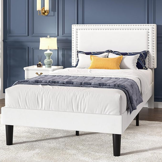 VECELO Twin Size Platform Bed Frame with Height Adjustable Upholstered Headboard, Strong Wood Slats Support, No Box Spring Needed, Easy Assembly