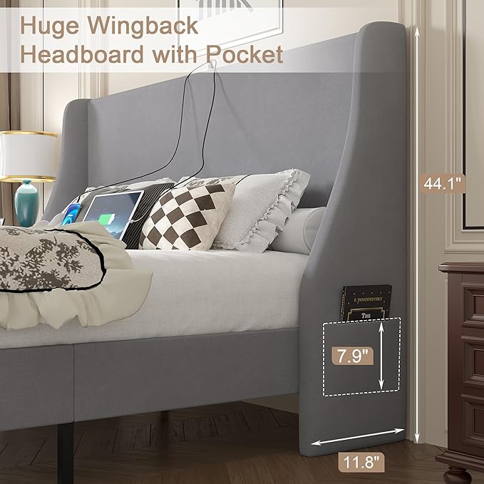 VECELO Queen Bed Frame with Upholstered Wingback Headboard, Heavy-Duty Platform Bedframe with Charging Station, Wooden Slats, No Box Spring Needed, Light Grey