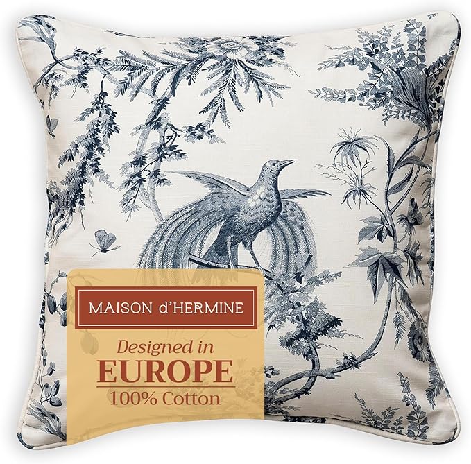 Maison d' Hermine Decorative Pillow Covers 18 x 18 Inch Square 100% Cotton Throw Pillow Covers with Invisible Zipper Cushion Case for Living Room Couch, Chair, Sofas, Bedroom, Home (Paradise - Delft)