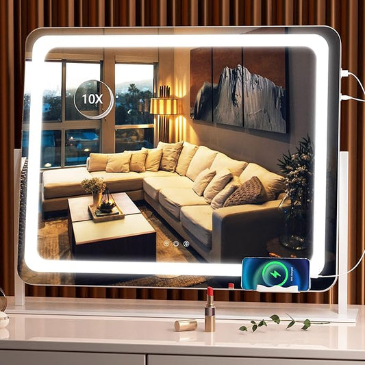 Hasipu Vanity Mirror with Lights, 24.2" x 18.9" LED Make up Mirror, Light up Mirror with 10X Magnification and USB Charging Port, Phone Holder, Smart Touch 3 Colors Dimmable, 360° Rotation (White)