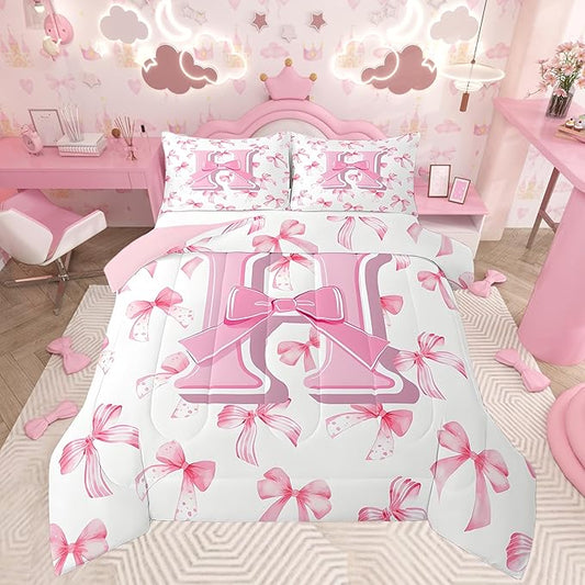 jejeloiu Kids Girls Cute Pink Bow Comforter Set Twin Size Monogrammed Bedding Set Ultra Soft Personalized Initial H Duvet Quilt Coquette Bow Knot Quilt Set Room Decor Modern Fashion Comforter