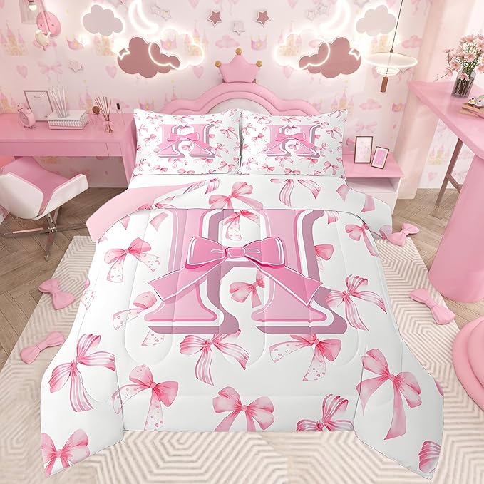 jejeloiu Kids Girls Cute Pink Bow Comforter Set Queen Size Monogrammed Bedding Set Ultra Soft Personalized Initial H Duvet Quilt Coquette Bow Knot Quilt Set Room Decor Modern Fashion Comforter