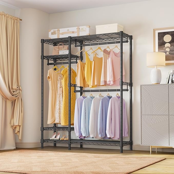 VIPEK V2 Clothes Rack for Hanging Clothes, Heavy Duty Closet Rack with 4 Tiers Wire Shelving & 3 Hanging Rods, Free Standing Closet Wardrobe, 45" Lx16.5 Wx76.4 H, Max Load 700LBS, Black