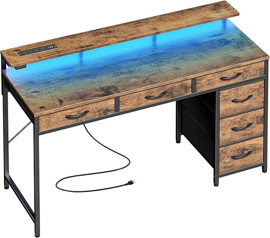 Huuger Gaming Desk with 6 Drawers, Computer Desk with LED Lights Power Outlets and Type-C, 47 Inch Office Desk with Storage, Monitor Stand, Writing Desk Work Desk for Home Office, Study, Rustic Brown