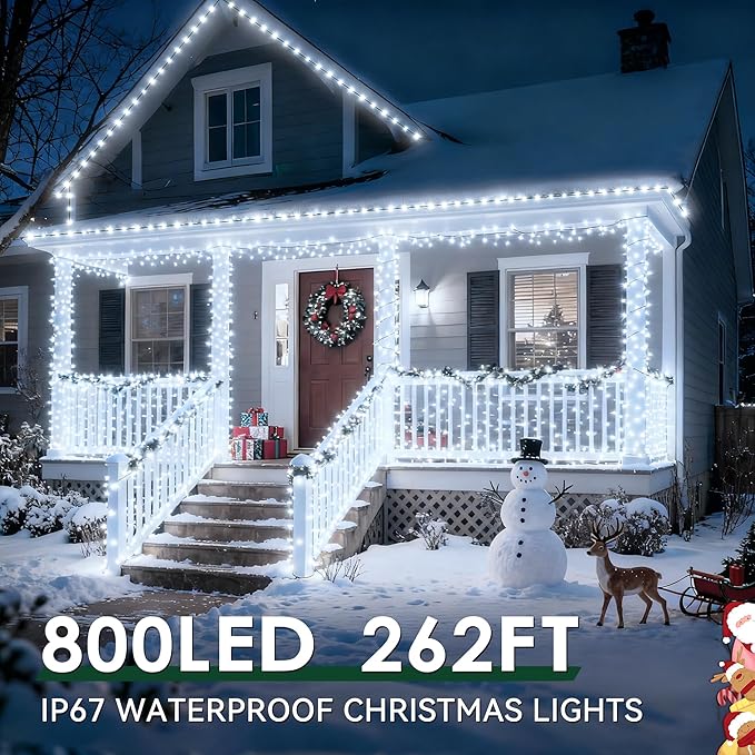 Outdoor Christmas Lights, 800LEDs 262FT Christmas Tree String Lights, IP67 Waterproof 8 Modes Cold White Holiday Lights with Remote for House Yard Xmas Decorations