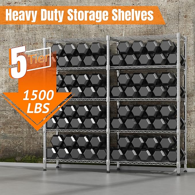 Homdox 5 Tier Storage Shelves, Heavy Duty Wire Shelving Unit, Adjustable Metal Shelves for Storage, Garage Rack Pantry Shelves Kitchen Shelving, 14"x60"x72", Silver Gray