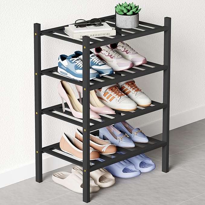 Smiry Bamboo Shoe Rack for Closet, 4 Tier Small Wooden Stackable Shoe Organizer, Free Standing Shoes Storage Shelf for Entryway, Front Door Entrance, Black