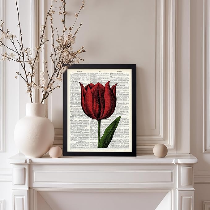 Poster Master Dictionary Art Poster - Tulip Print - Red Flower Art - Floral Art - Gift for Men, Women & Florist - Minimal Decor for Living Room, Bedroom, Dorm or Flower Shop, 11x14 Black Framed
