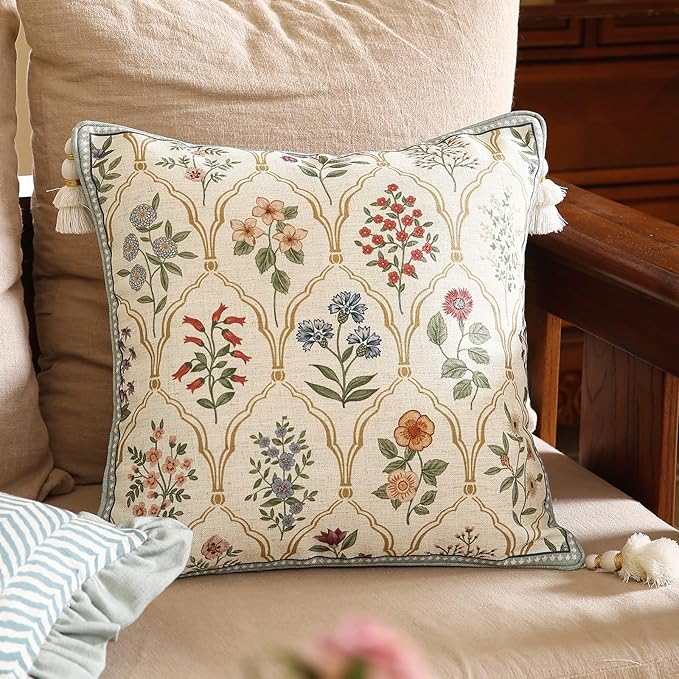 Design Linen Throw Pillow Covers 18"x18" Pack of 2, Square Farmhouse Cushion Covers with Yellow Purple Watercolor Wildflower Pattern Decor Pillowcases for Bed,Living Room,Outdoor,Car